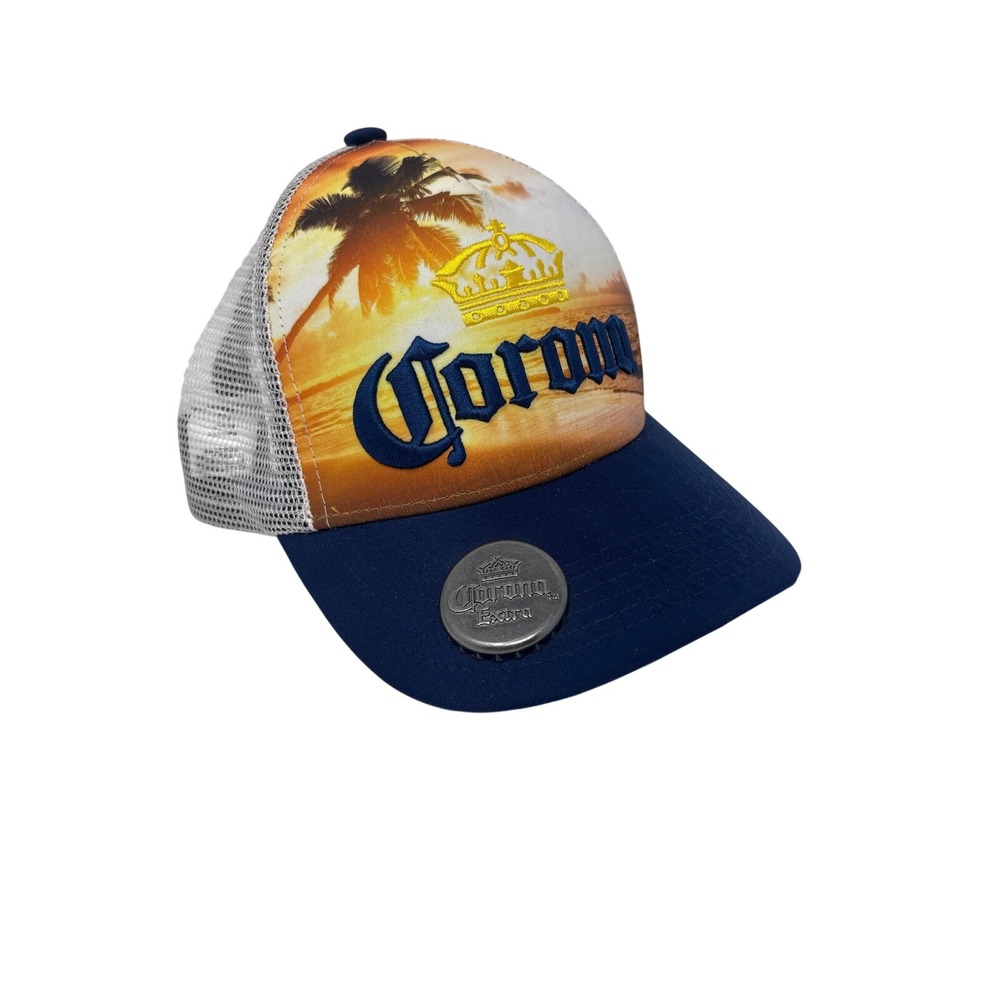 Corona Extra Bottle Opener Trucker Hat OSFM Blue Sunset Graphic Snapback Cap